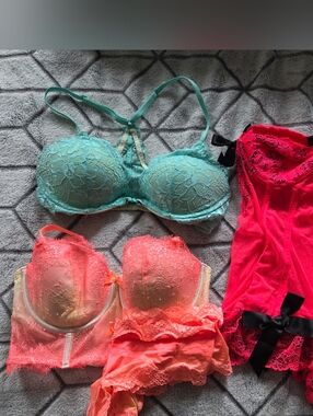 VS Set - Women’s Lace Bustier & Bra Set - Teal, Coral, Hot Pink